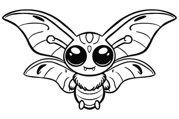 Cute cartoon moth with big eyes and tiny fangs is drawn in black lines