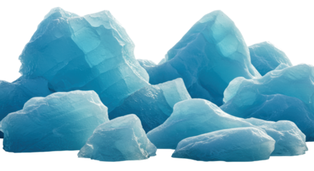 hyper-detailed panoramic collection of blue glacier and iceberg fragments, showcasing complex crystalline textures against a transparent background with hard studio lighting, concept of purity and