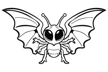 Cartoon moth character featuring large eyes and patterned wings is displayed in black line art