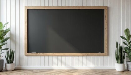 Empty classroom blackboard hangs on white paneled wall. Potted plants flank the writable surface. Offers ample copy space for notes or messages, ideal for educational or presentation settings.