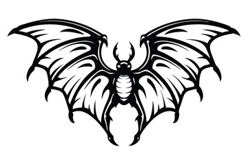 Beetle with stylized wings spreads wide in black silhouette against the white background