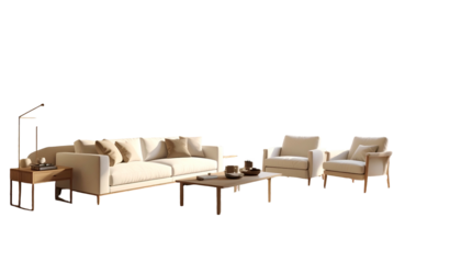 A minimalist living room setup featuring a beige sofa, chairs, and a wooden coffee table