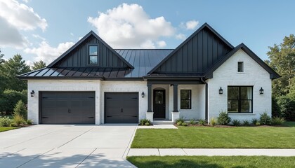 Obraz premium Modern farmhouse style house boasts white brick exterior plus black roof. Large driveway gives access to garages. Green lawn and landscaping add fresh touch. Residential suburban area under blue sky.