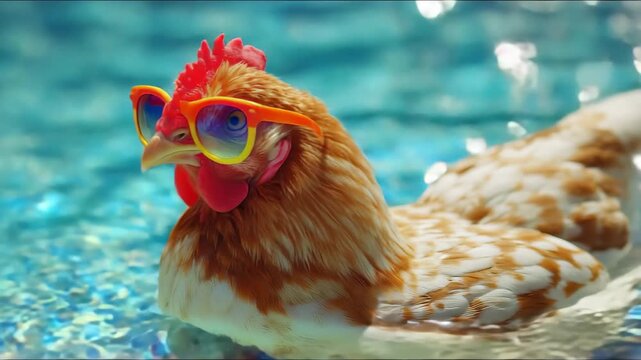 Cool chicken enjoying a sunny day floating in the pool wearing colorful sunglasses