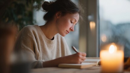 Young woman sitting at a table with a notebook and a candle in front of her. she is wearing a beige sweater and has her hair tied up in a bun.