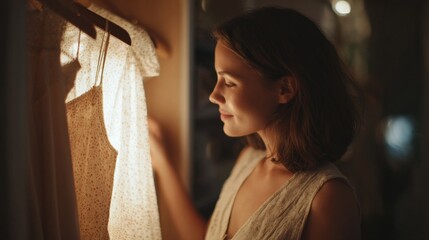Young woman standing in front of a window, looking at a dress hanging on a hanger. she is wearing a sleeveless dress with a floral pattern and her hair is styled in loose waves.