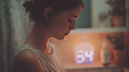 Young woman with dark hair tied up in a bun, standing in front of a window with her eyes closed. she is wearing a white tank top and appears to be deep in thought.