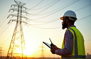 African American electrical engineer in white hard hat and yellow vest holding tablet and walkie talkie. Man works near high voltage electricity pylon at sunset. Power lines and towers in background.
