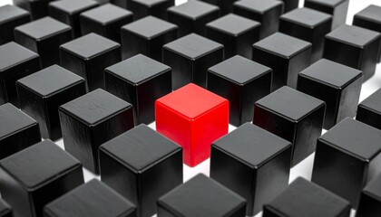 Fototapeta premium Single red cube standing out among uniform black cubes on grid, symbolizing individuality, uniqueness, contrast, and distinction within a structured system.