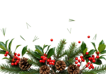 detailed holiday border of green holly, red berries, and textured brown pinecones on a transparent background with massive copy space, crisp high-key commercial photo. concept for seasonal advertising