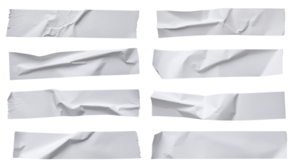 Eight strips of crumpled white adhesive tape varying in shape and texture are displayed isolated on a neutral background with png background