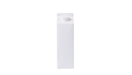 A single tall rectangular white carton with a small cap is centered in the frame, presented against a plain backdrop no background