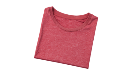 Folded heathered red t-shirt with a round neck collar is displayed on a bright surface in a studio setting plain white background and png