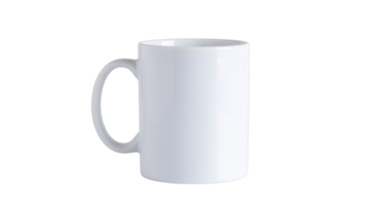 A plain white ceramic mug with a handle is displayed on a clean white surface in a studio setting alpha channel with white background
