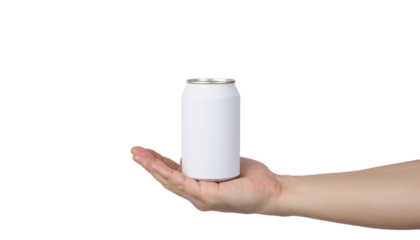 Hand holding a small white aluminum can with a silver top, presented in a palm up gesture, isolated solid white background and no background