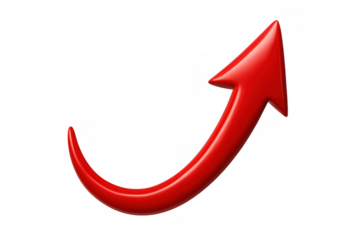 Red curving arrow moving up, symbolizing growth, success, progress, finance improvement, increasing direction