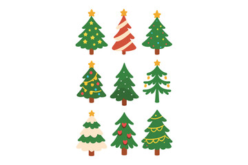 Set of Stylized Christmas Trees with Festive Decorations