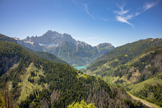 Panoramic view of Monte Civetta and Lago di Alleghe from Belvedere above Colle Santa Lucia in the Dolomites, Italy
