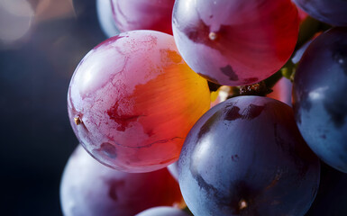 Cinematic macro red grapes texture, backlit glowing ruby fruit closeup, fresh ripe purple berry bunch, organic vineyard harvest, wet moisture skin detail, abstract wine background, dramatic lighting.