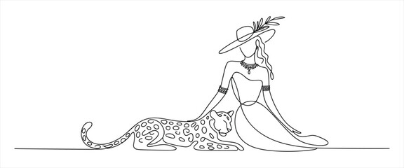 Obraz premium Elegant woman with hat and cheetah oneline art design