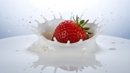 A fresh, ripe strawberry splashes into white milk creating a crown shape in a highspeed photograph against a light background