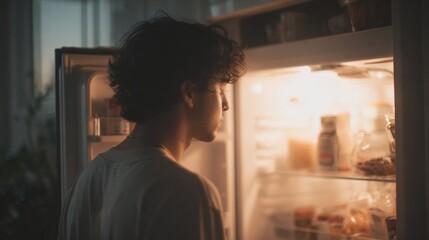 Young man standing in front of an open refrigerator. he is wearing a white t-shirt and has curly hair. the refrigerator is filled with various food items such as bottles, jars, and containers.