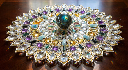 Fototapeta premium Intricately designed peacock ornament adorned with sparkling gemstones and crystals reflecting light