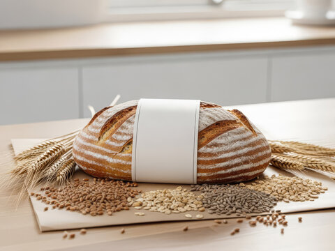 Artisan sourdough bread wrapped in blank label, surrounded by wheat stalks, grains, and oats.