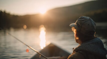 Man in a canoe, wearing a cap and a jacket, fishing on a lake. the sun is setting in the background, casting a warm glow over the water.