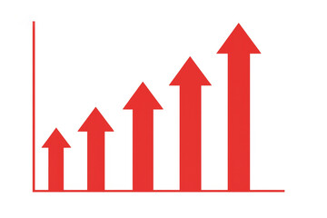 Bar chart displaying increasing red arrows showing growth and progress on a transparent background