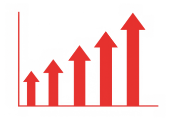 Bar chart displaying increasing red arrows showing growth and progress on a transparent background