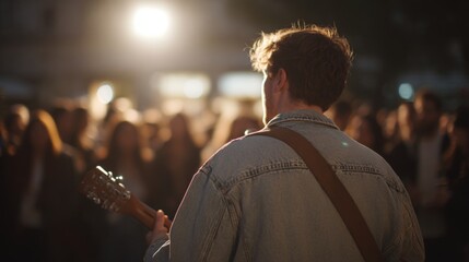 Man playing an acoustic guitar in front of a crowd of people at a music festival. the man is wearing a denim jacket and has a brown shoulder bag slung over his shoulder.