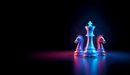 Futuristic Digital Chess King and Knights with Neon Polygonal Wireframe Design, Artificial Intelligence and Strategy Concept