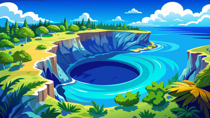 Bird&rsquo;s-eye view of Dean&rsquo;s Blue Hole in the Bahamas, showcasing its deep blue waters, surrounding cliffs, and lush tropical terrain. Dramatic and breathtaking seascape ideal for tourism