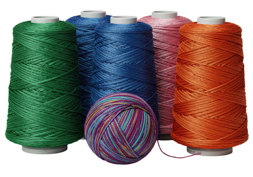 Hyperdetailed macro view of six glossy mercerized cotton embroidery floss spools in rich ruby, sapphire, and emerald jewel tones, standing on a pristine transparent studio background, concept of