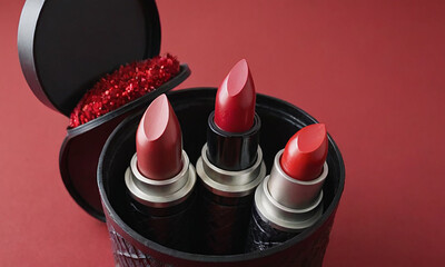 Three red lipsticks in a black box on a red background.