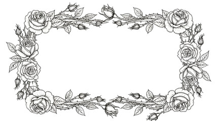 Elegant Rectangular Frame Featuring Hand-Drawn Roses and Thorny Branches for Invitations