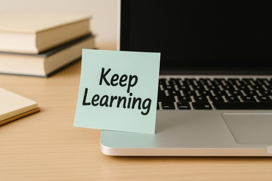 Inspiring "Keep Learning" Quote on Sticky Note with Laptop for Motivation and Growth