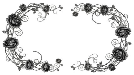 Elegant floral frame with black roses and thorns creating a delicate ornamentation of nature