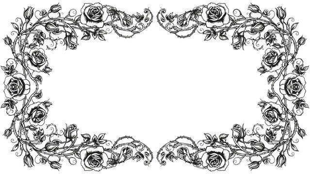 Elegant frame with roses and thorns in black and white for romantic designs