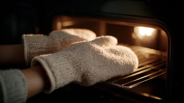 Pair of beige-colored oven mitts resting on a wire rack inside an oven. the oven is dark and the light from the oven is shining through the window, creating a warm glow.