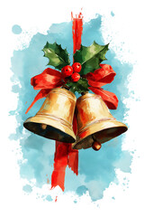 Watercolor painting of two golden bells with holly and a red ribbon bow tied on top