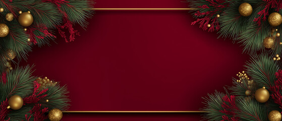Festive christmas background with ornaments and pine branches on red surface