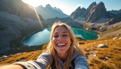 Happy woman takes selfie with mountain lake in background. Blonde female smiles, enjoys scenic view, sunny day adventure, active outdoor holiday trip.