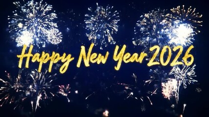 Happy New Year 2026 text in golden script with sparkling fireworks exploding against a dark blue night sky.