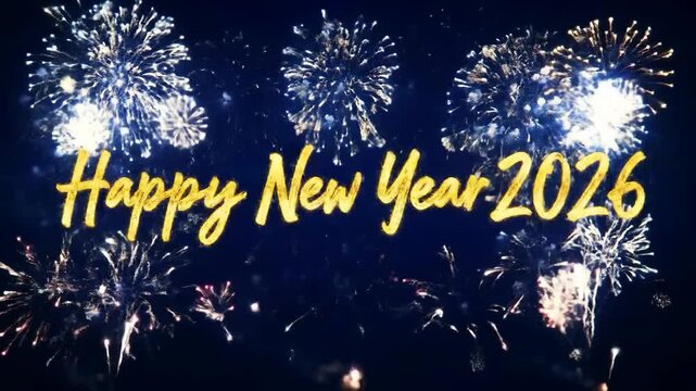 Happy New Year 2026 text in golden script with sparkling fireworks exploding against a dark blue night sky.