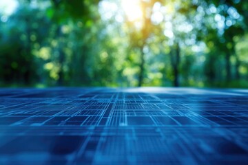 A futuristic blue circuit pattern surface meets a lush, blurred green forest background with sunlit bokeh, blending technology and nature.