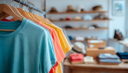 Colorful T-shirts neatly arranged on wooden hangers inside a stylish boutique, showcasing modern fashion, cozy interior design, and a warm retail atmosphere focused on clothing and lifestyle products.