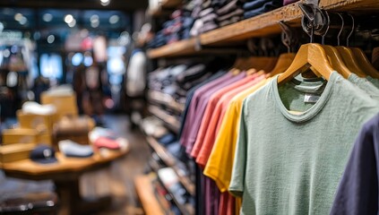 Colorful T-shirts neatly arranged on wooden hangers inside a stylish boutique, showcasing modern fashion, cozy interior design, and a warm retail atmosphere focused on clothing and lifestyle products.