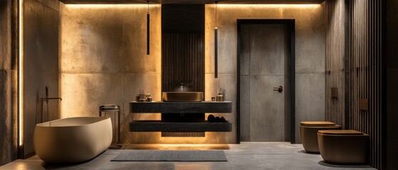 Luxurious modern bathroom with freestanding bathtub, warm concrete walls, gold accents, and dark wood details